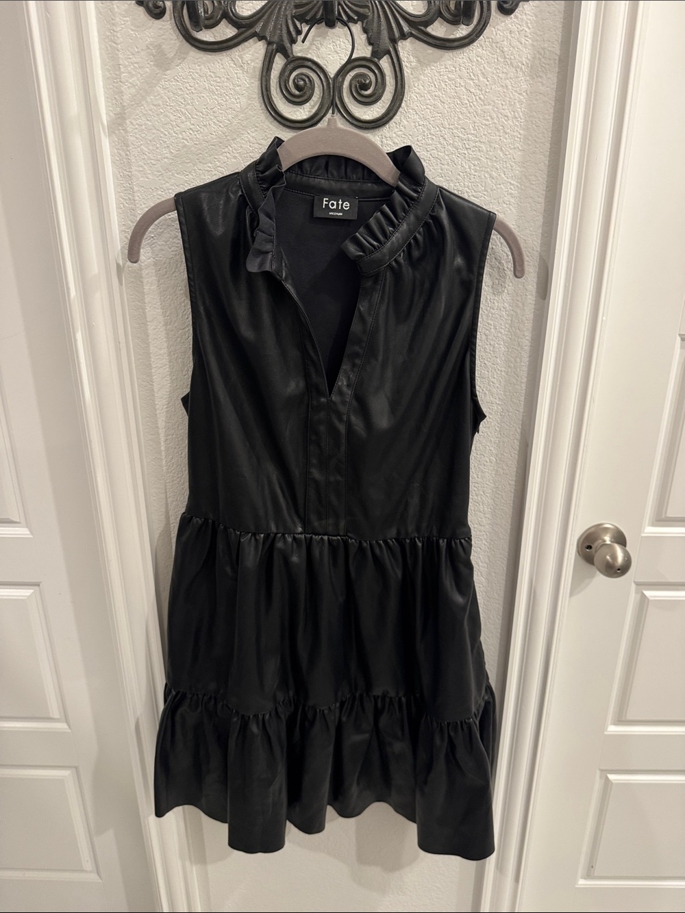 Fate Black Sleeveless Faux Leather Ruffle Tiered Mini Dress